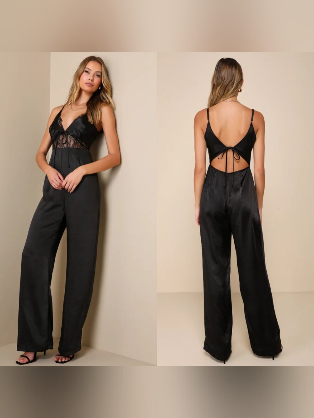 Lulus Undeniable Passion Black Satin Lace Tie-Front Cutout Jumpsuit M Wedding